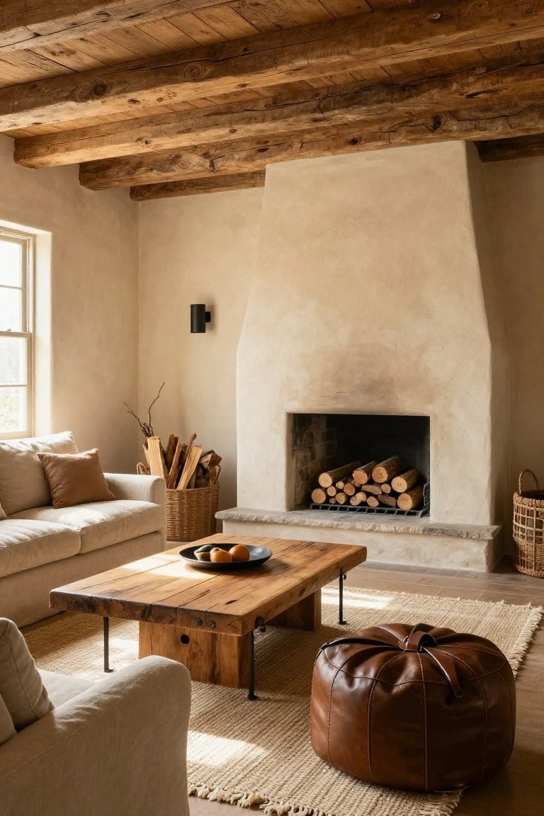 Beige living room with exposed dark wooden beam ceilings, smooth adobe-style walls, large fireplace stacked with logs, cream sofa, low wooden coffee table with fruit bowl, brown leather pouf, and woven basket by the hearth.