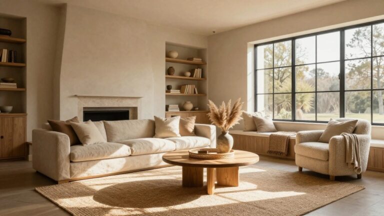 A beige living room with a stone fireplace topped by a wooden mantel, cream sofa with pillows and throw, round wooden coffee table holding a woven tray, seagrass rug, bookshelves with books and pottery, pampas grass, and large multi-pane windows showing trees outside.