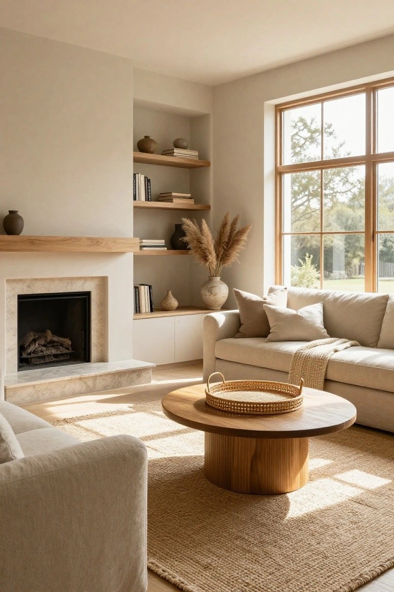 A beige living room with a stone fireplace topped by a wooden mantel, cream sofa with pillows and throw, round wooden coffee table holding a woven tray, seagrass rug, bookshelves with books and pottery, pampas grass, and large multi-pane windows showing trees outside.