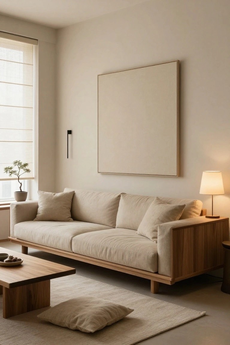 A minimalist beige living room with low-profile sofa on wooden frame, wooden coffee table holding a bowl, beige floor cushion, bonsai plant on windowsill, table lamp, large square beige artwork, and shoji-style blinds on window.