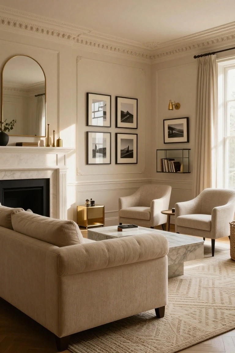 Beige living room with white marble fireplace, cream sofa and armchairs, gold mirror and accents, black-and-white photos on walls, and large window with curtains.