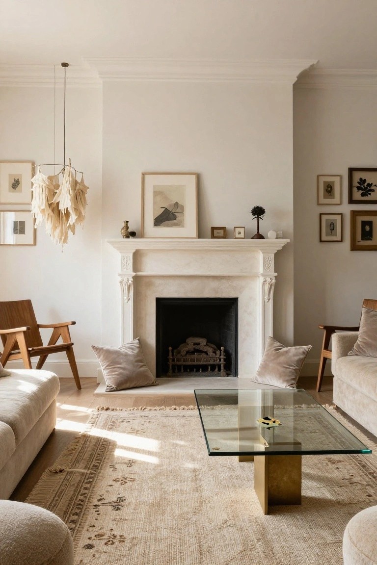 Beige living room with white marble fireplace mantel, light wood chairs, beige sofa and pillows, glass coffee table on patterned rug, neutral framed artwork, and sculptural pendant light.