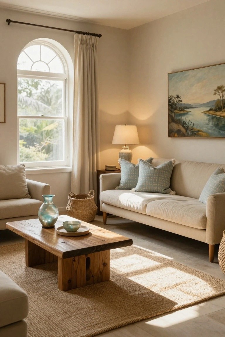 A sunlit beige living room with a cream linen sofa, low rectangular wooden coffee table holding glass vases and ceramic bowls, seagrass rug, table lamp, and arched window with linen curtains overlooking palm trees.