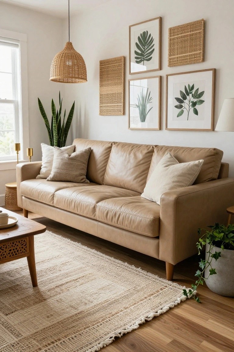 A beige living room with tan leather sofa, throw pillows, wood coffee table, rattan pendant light, woven and botanical wall art, snake plant, ivy plant, side tables, and light rug on hardwood floors.