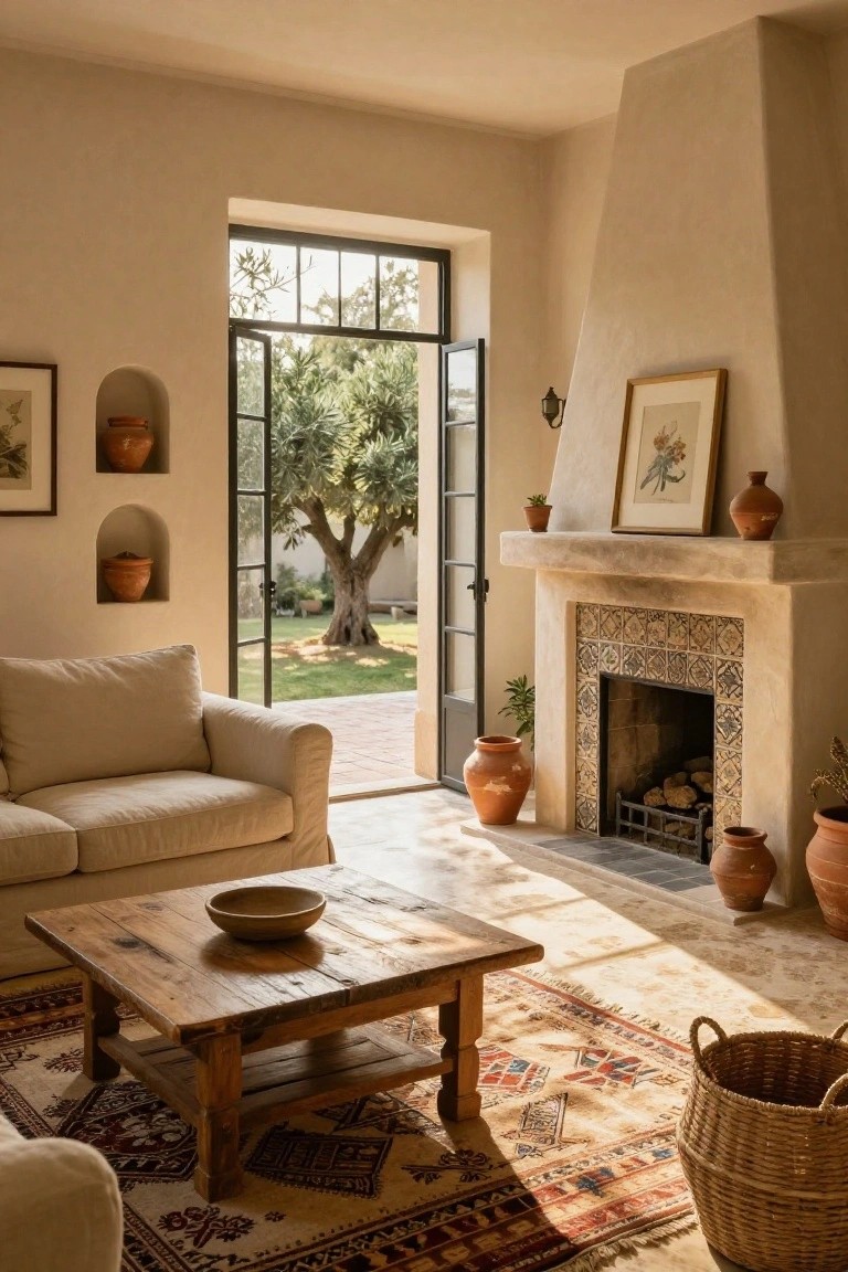 Beige stucco living room with cream sofa, wooden coffee table, tiled fireplace, multiple terracotta pots, open doors to garden with olive tree.
