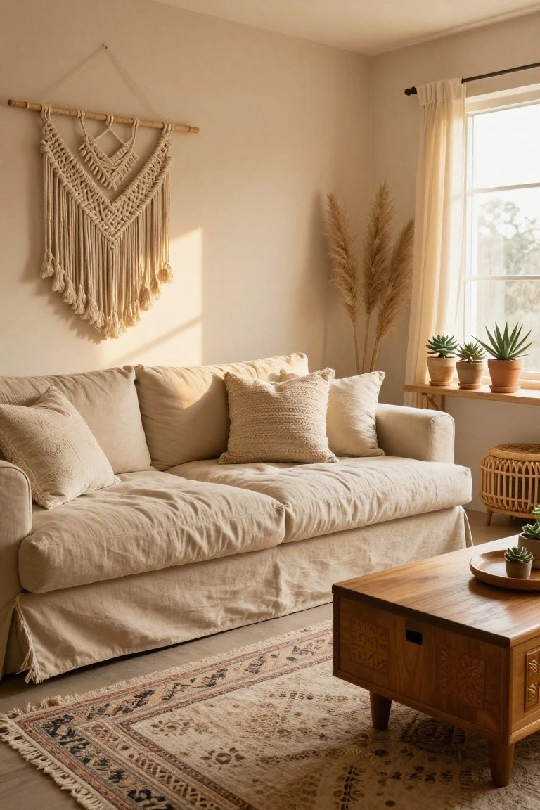 Sunlit beige living room with cream linen sofa, large knotted macrame wall hanging on bamboo dowel, tall pampas grass in vases, potted succulents and agave on windowsill, wooden coffee table, rattan stool, and patterned rug.