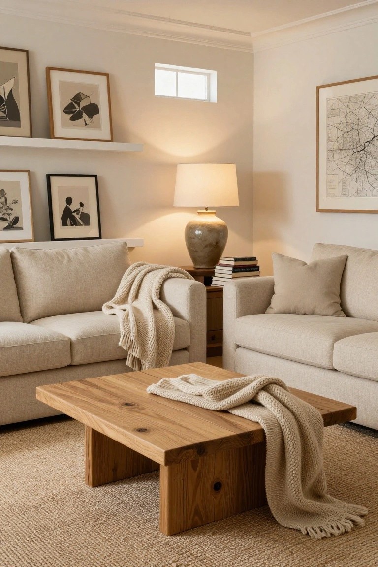 Beige living room with two cream linen sofas arranged around a low natural wood coffee table draped with a knit throw, a wooden side table with ceramic lamp and stacked books, floating shelves holding abstract art prints, and a light jute rug.