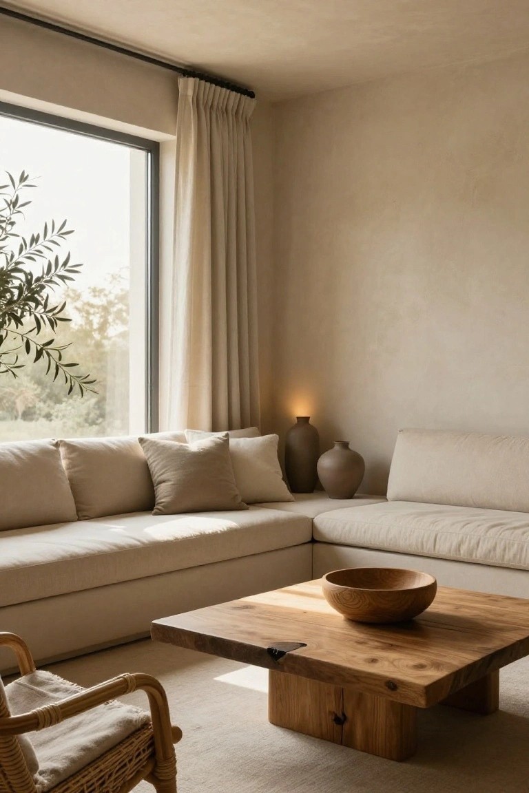 Beige living room with L-shaped light sofa, square low wooden coffee table holding a wooden bowl, rattan armchair with throw, large window with beige curtains showing olive tree outside, and two terracotta vases on floor.