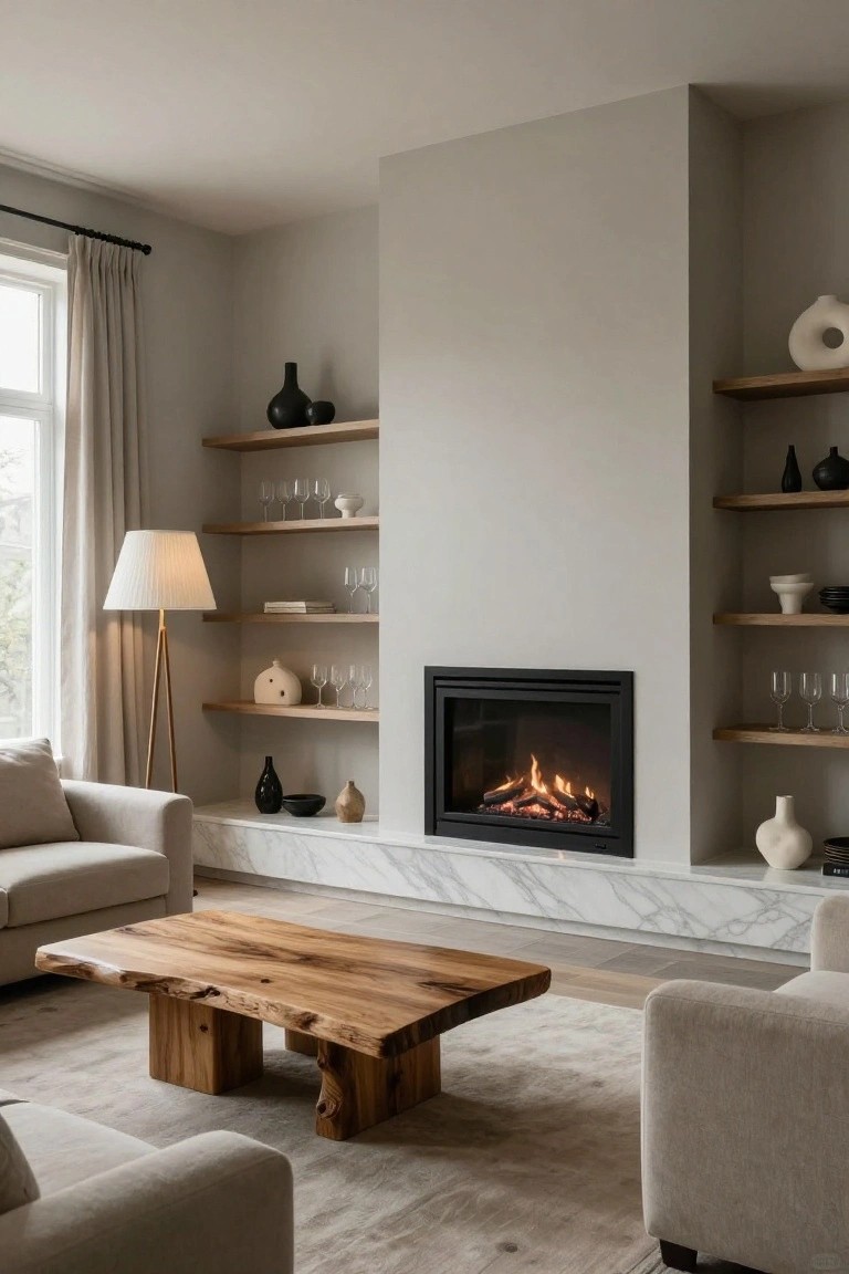 Beige living room with gas fireplace centered between wooden floating shelves displaying black and white pottery and glassware, flanked by beige sofas and a live-edge wood coffee table on a light rug.