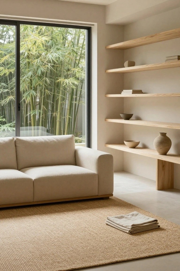 A minimalist beige living room featuring a cream fabric sofa, floating light wood shelves with pottery and books, a seagrass rug, and a large window with black frames overlooking green bamboo plants.