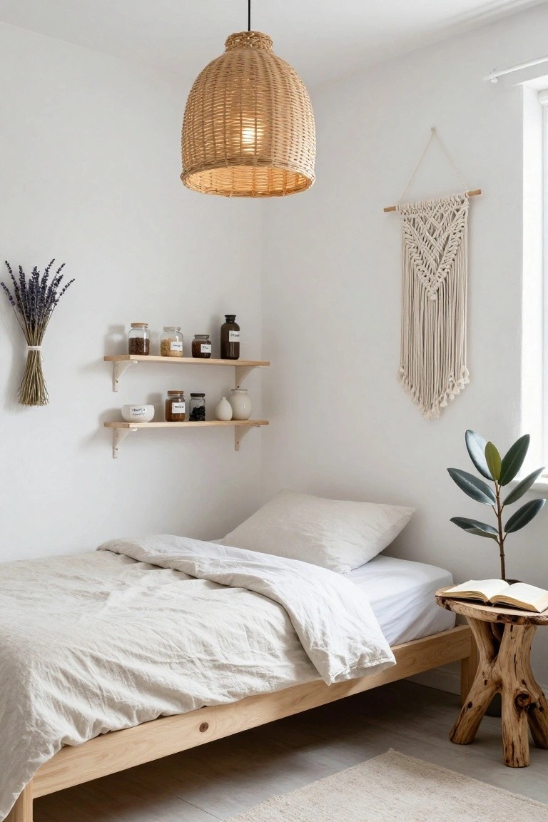 White bedroom with low wooden platform bed covered in light linens, open wood shelves stocked with glass jars of spices and herbs, bundle of lavender, macrame wall hanging, potted plant, open book on tree-stump side table, and rattan pendant light.
