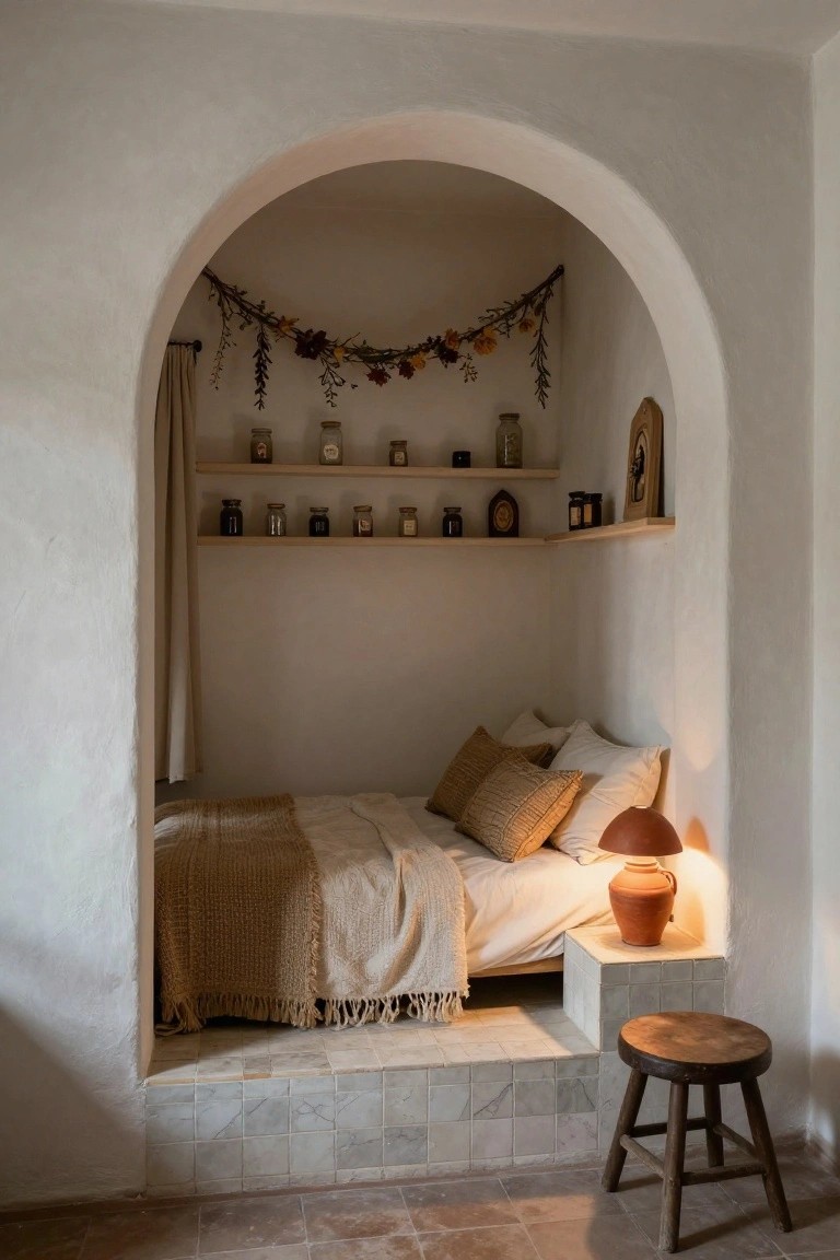 White arched alcove bedroom niche with wooden shelves holding glass jars and small frames above a low bed platform with beige bedding and pillows, terracotta lamp, and wooden stool on tiled floor.