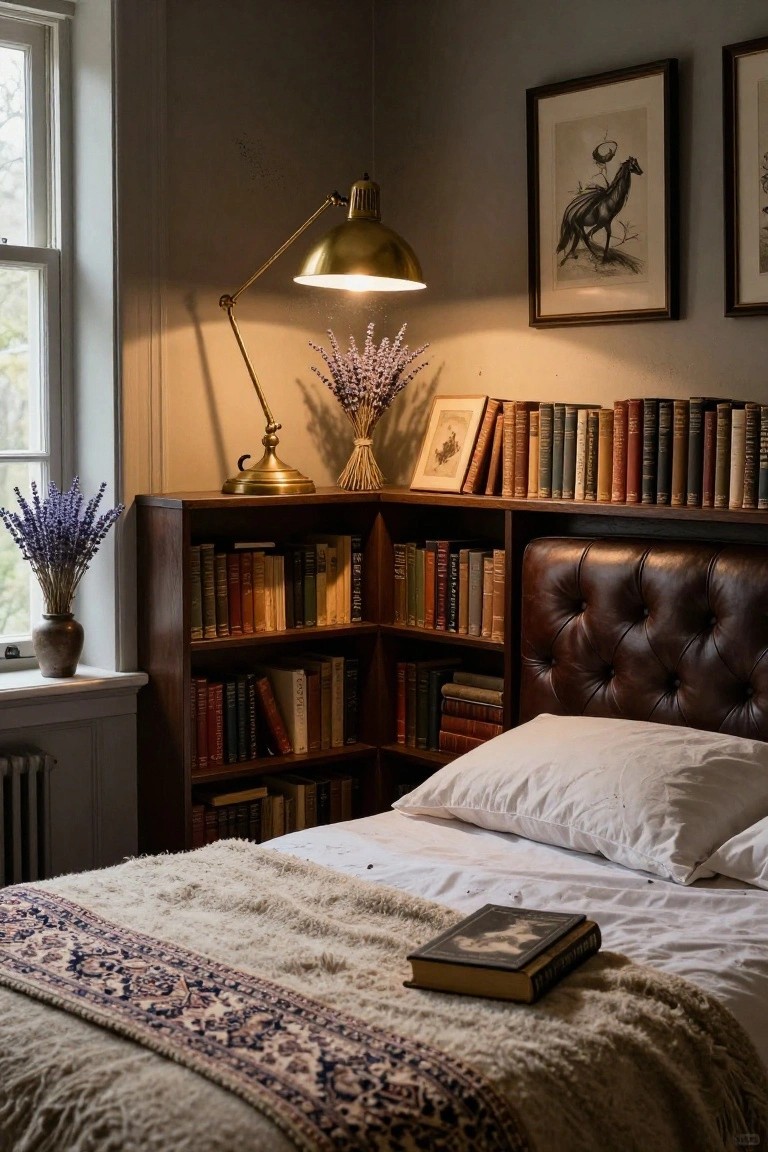 Corner of a dimly lit bedroom with dark wood bookshelves built around a tufted brown leather headboard on a bed with white sheets, knitted throw, open vintage book, brass adjustable lamp, lavender bouquets in vases, and framed artwork on gray walls near a window.