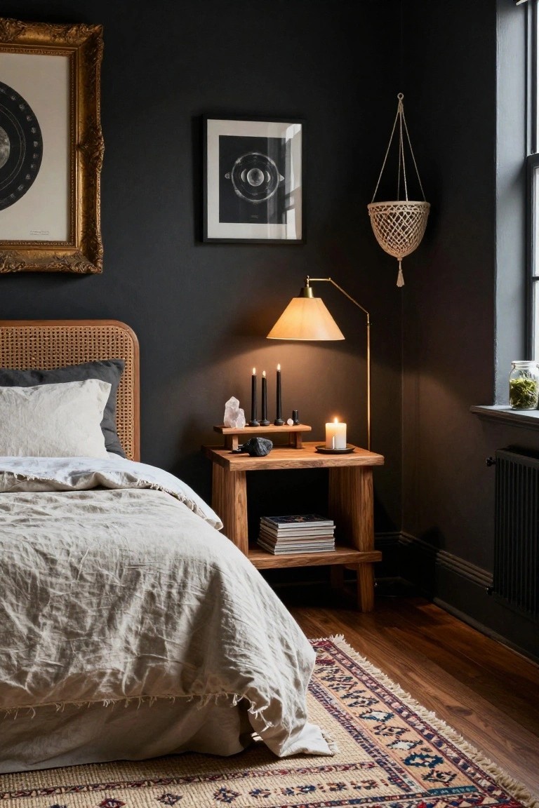 Corner of a dark-walled bedroom with rattan headboard bed draped in white linen sheets, wooden nightstand holding stacked books, clear quartz crystals, black taper candles in wooden holder, lit lamp, wall art of moon and celestial prints in gold and black frames, macrame plant hanger, and patterned rug on hardwood floor.
