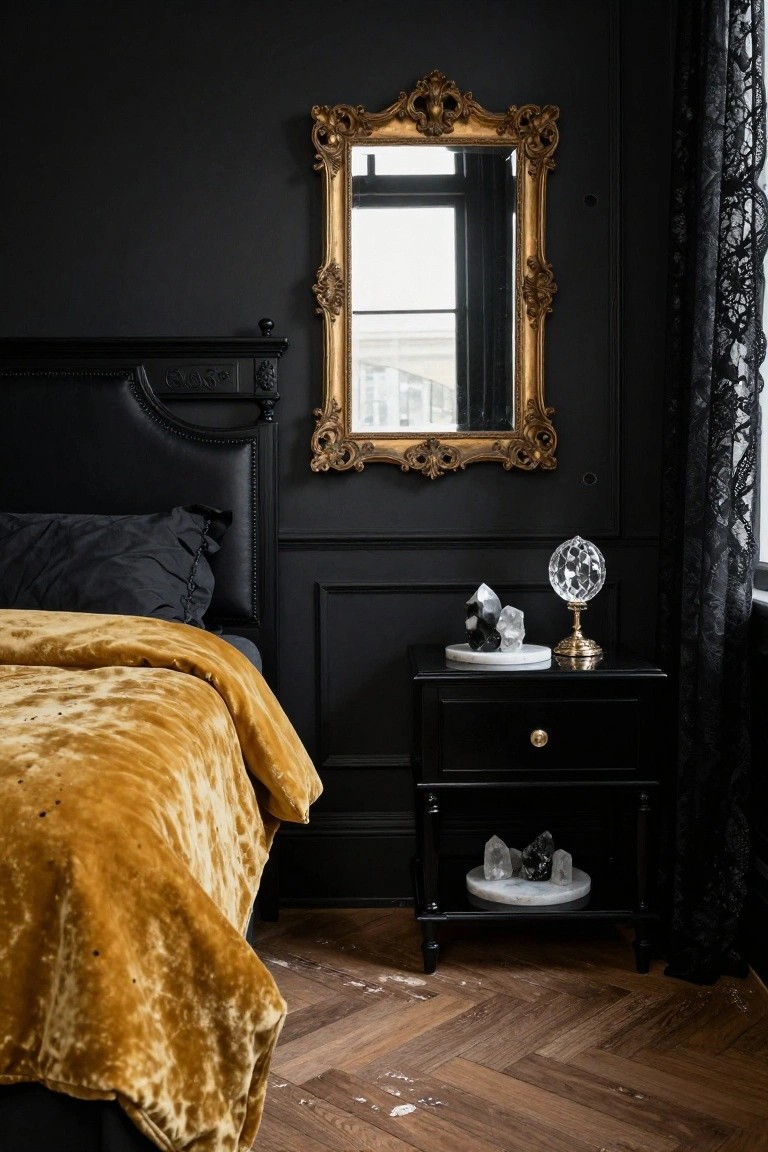 Bedroom corner with black painted walls and panelling, ornate gold-framed mirror on wall reflecting window, black upholstered bedhead with dark pillows and mustard velvet bedding, black nightstand displaying crystal lamp on marble tray with black and clear crystals below, black lace curtains, and parquet wood floor.