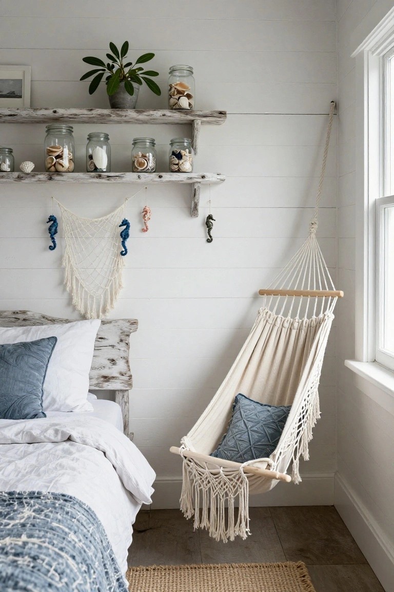 Corner of a white shiplap bedroom with distressed wood bed, hanging beige macrame hammock chair with blue pillow, driftwood shelves with jars of seashells, and macrame wall hanging with blue seahorses.