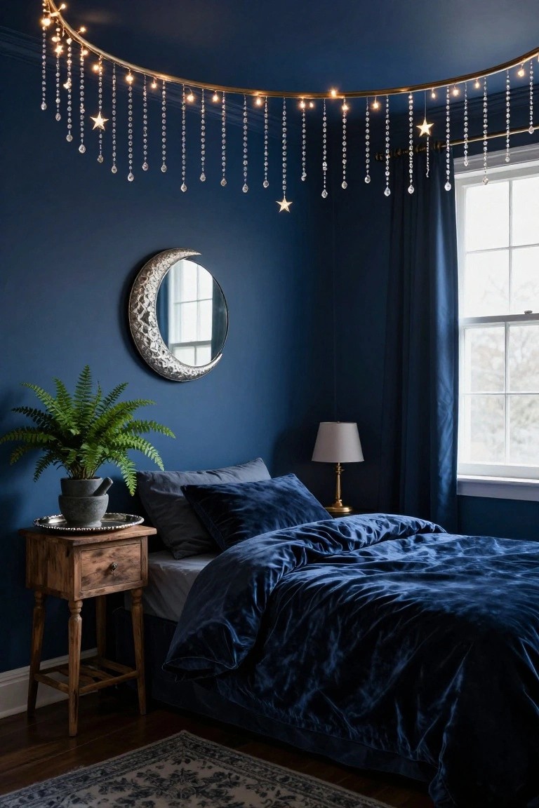 Navy blue bedroom with ceiling gold hoop string lights draped in crystal beads and star shapes, crescent moon wall mirror, wooden nightstand holding fern plant and lamp, navy velvet bed covers, and window with blue curtains.