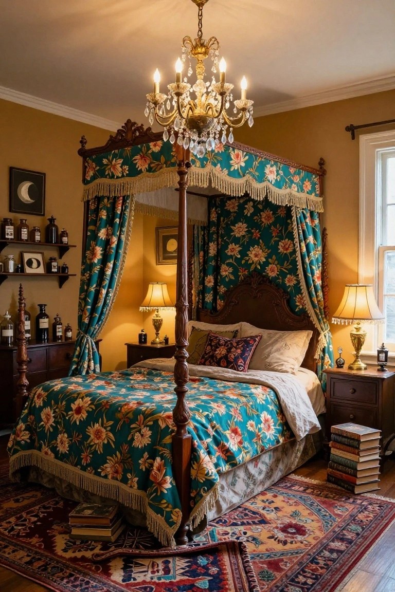 A bedroom with a dark wood four-poster canopy bed draped in teal floral fabric, wooden shelves displaying glass jars and apothecary bottles, table lamps, and stacks of books on a patterned rug under warm chandelier lighting.