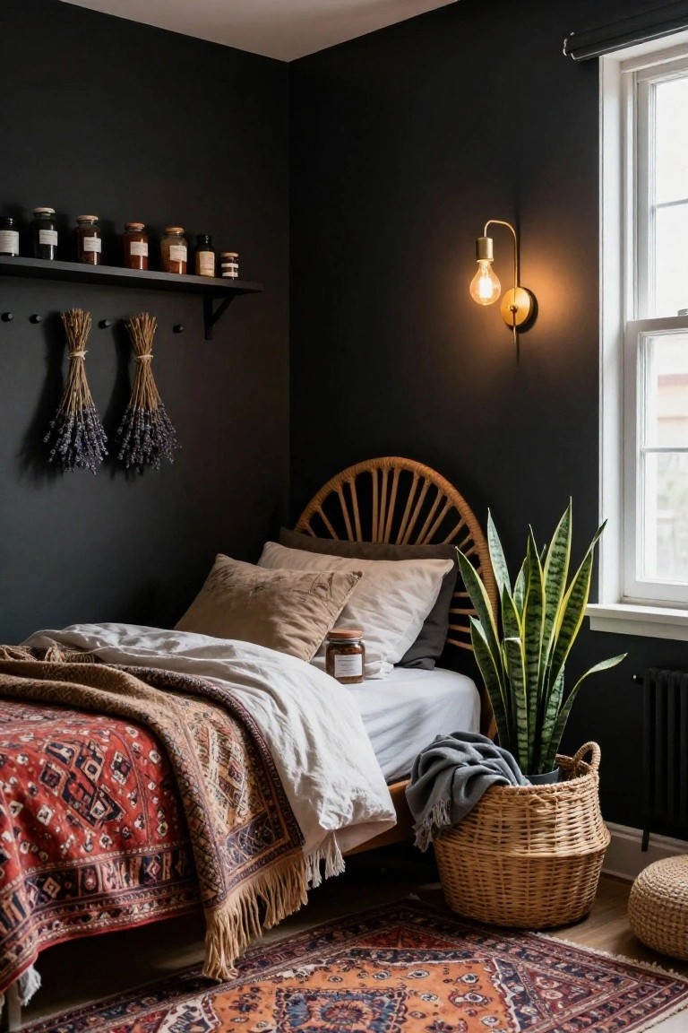 Bedroom corner with dark charcoal walls, wooden shelf holding glass jars of various sizes and colors, two bundles of dried lavender hanging from hooks below the shelf, rattan headboard bed draped in white linens and layered rugs in red and tan patterns, snake plant in pot next to window, wicker basket on floor.