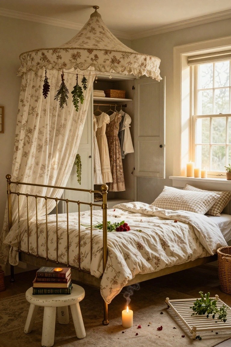 Cozy bedroom with brass bed under floral fabric canopy draped with hanging dried herbs and grapes, open wardrobe showing vintage dresses, candles on windowsill and stool, scattered rose petals on floor.