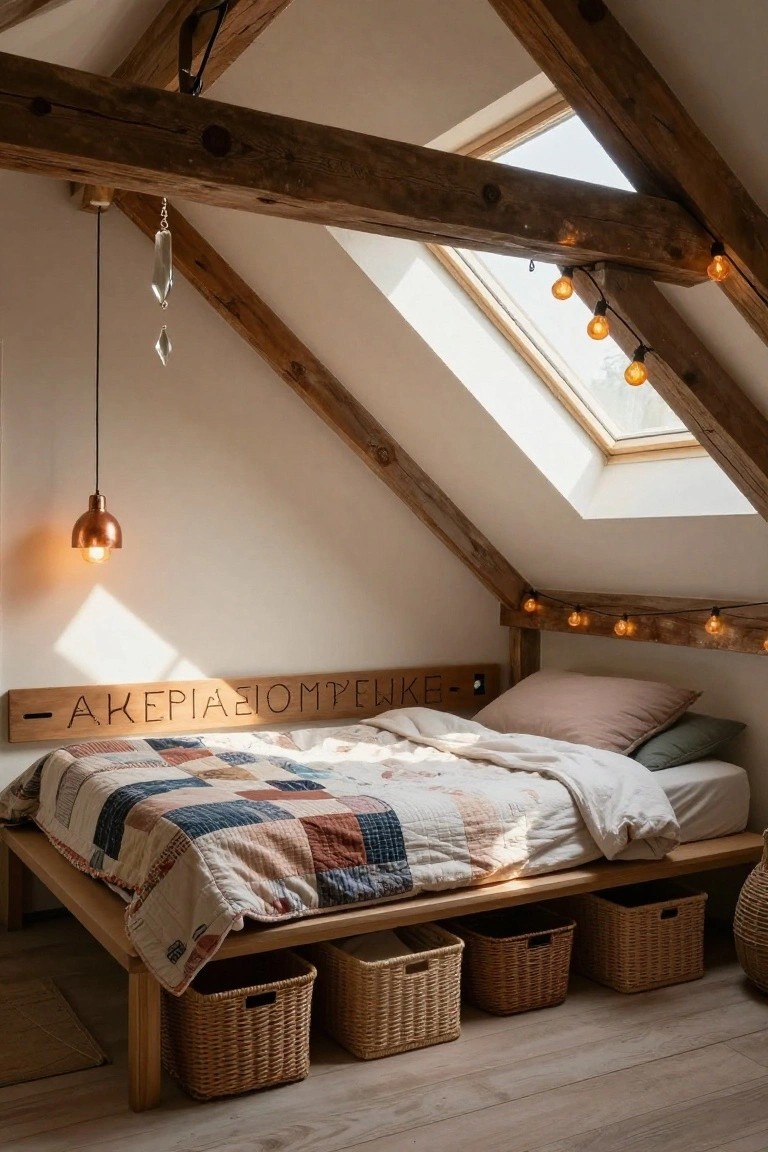 Attic bedroom with exposed dark wooden beams on sloped white ceiling, skylights, low platform bed with patchwork quilt and pillows, wicker storage baskets underneath, copper pendant light, string lights, and wooden headboard carved with Greek letters.