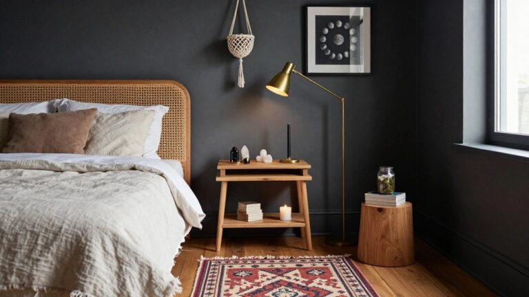 Corner of a dark-walled bedroom with rattan headboard bed draped in white linen sheets, wooden nightstand holding stacked books, clear quartz crystals, black taper candles in wooden holder, lit lamp, wall art of moon and celestial prints in gold and black frames, macrame plant hanger, and patterned rug on hardwood floor.