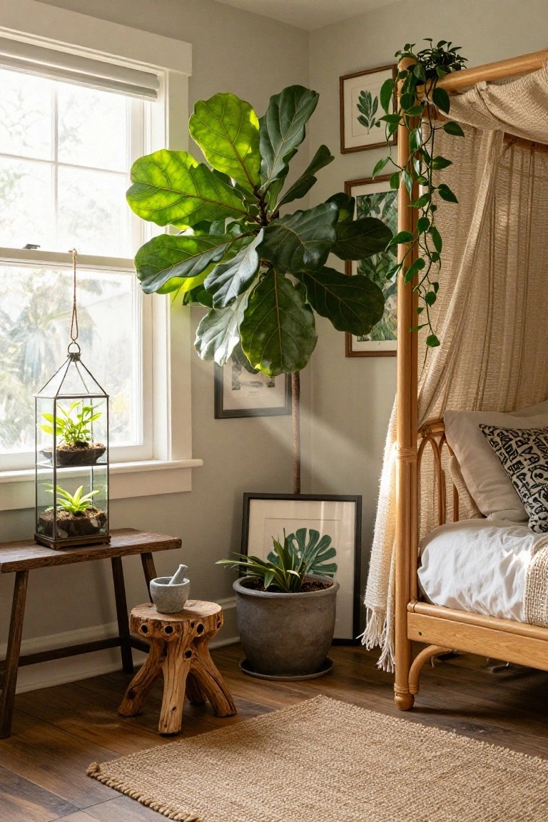 Sunlit bedroom with fiddle-leaf fig, hanging lantern, wooden bed, and plants.
