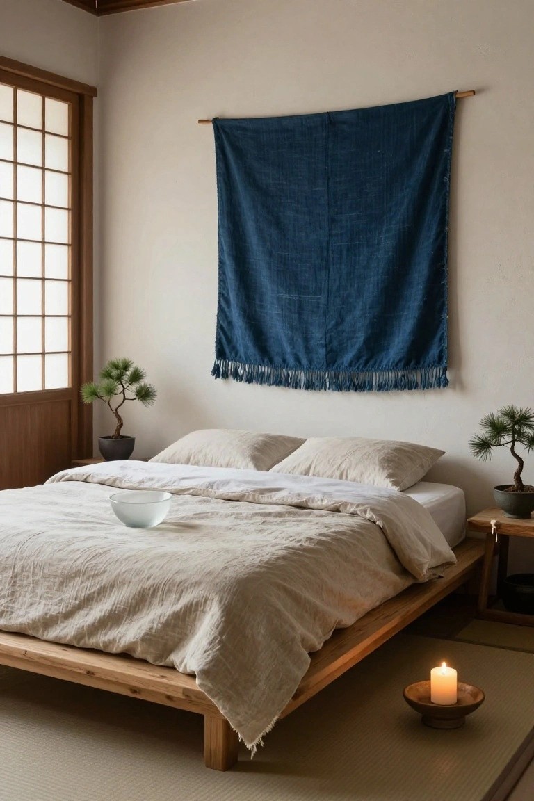 A serene Japanese-style bedroom featuring a large navy blue woven tapestry with fringes hanging on the wall above a low wooden platform bed covered in beige linen bedding, with bonsai trees on side tables, a white bowl on the bed, and a lit candle on the tatami floor.