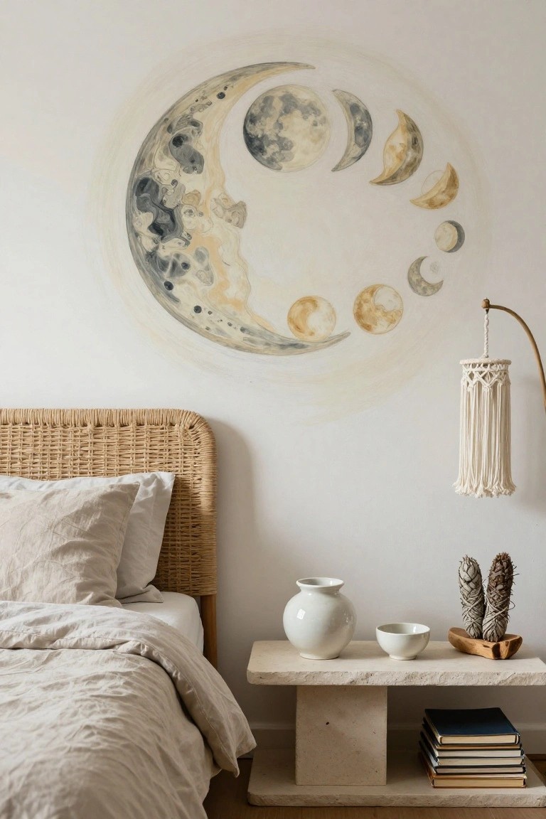 Bedroom with a large circular watercolor mural of various moon phases in beige, gray, and white tones on a white wall above a rattan bed frame with beige linens, beside a stone nightstand holding a white vase, bowl, sage bundles on a wooden base, stacked books, and a macrame-shaded floor lamp.