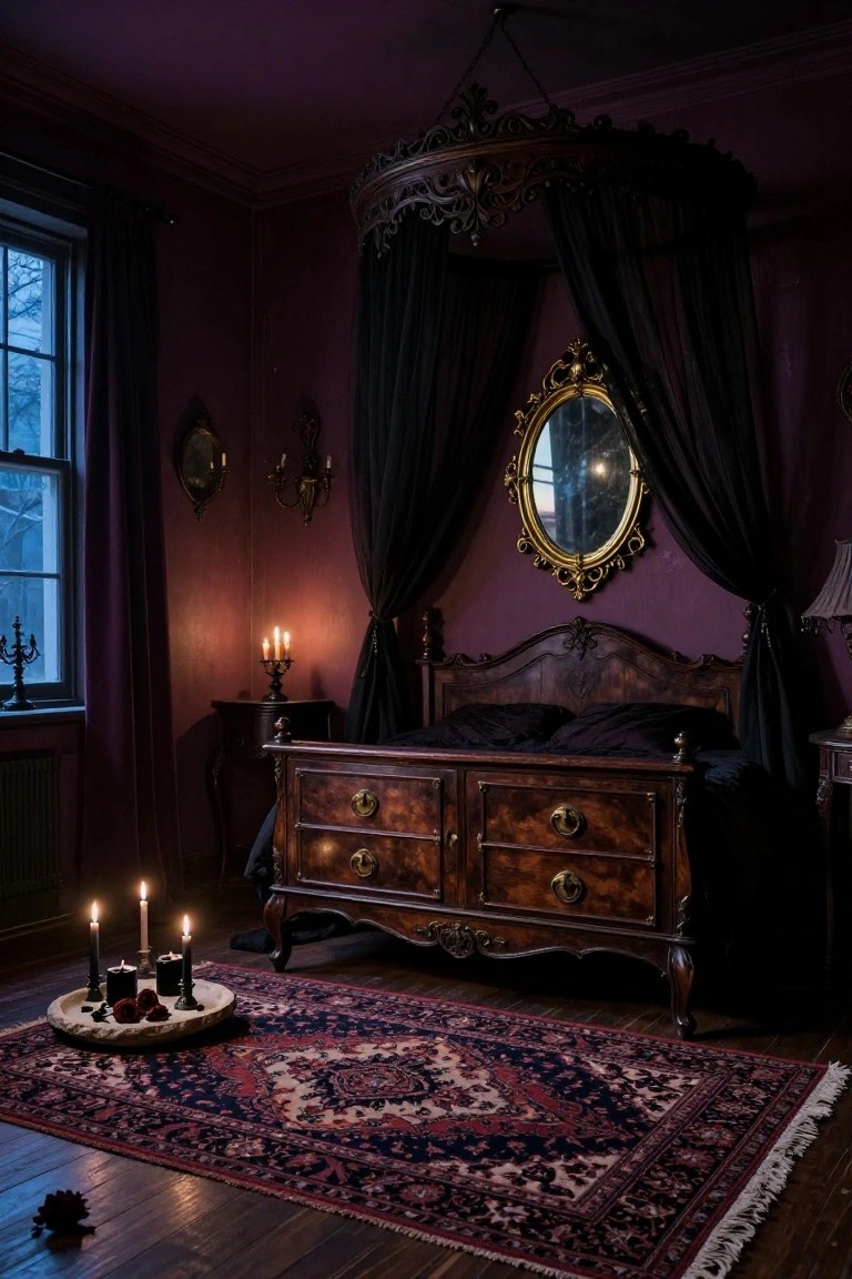 Dimly lit bedroom with deep purple walls, ornate wooden canopy bed draped in black fabric, gold-framed oval mirror, wooden candelabras with candles, patterned rug, and rose petals on a stone tray.