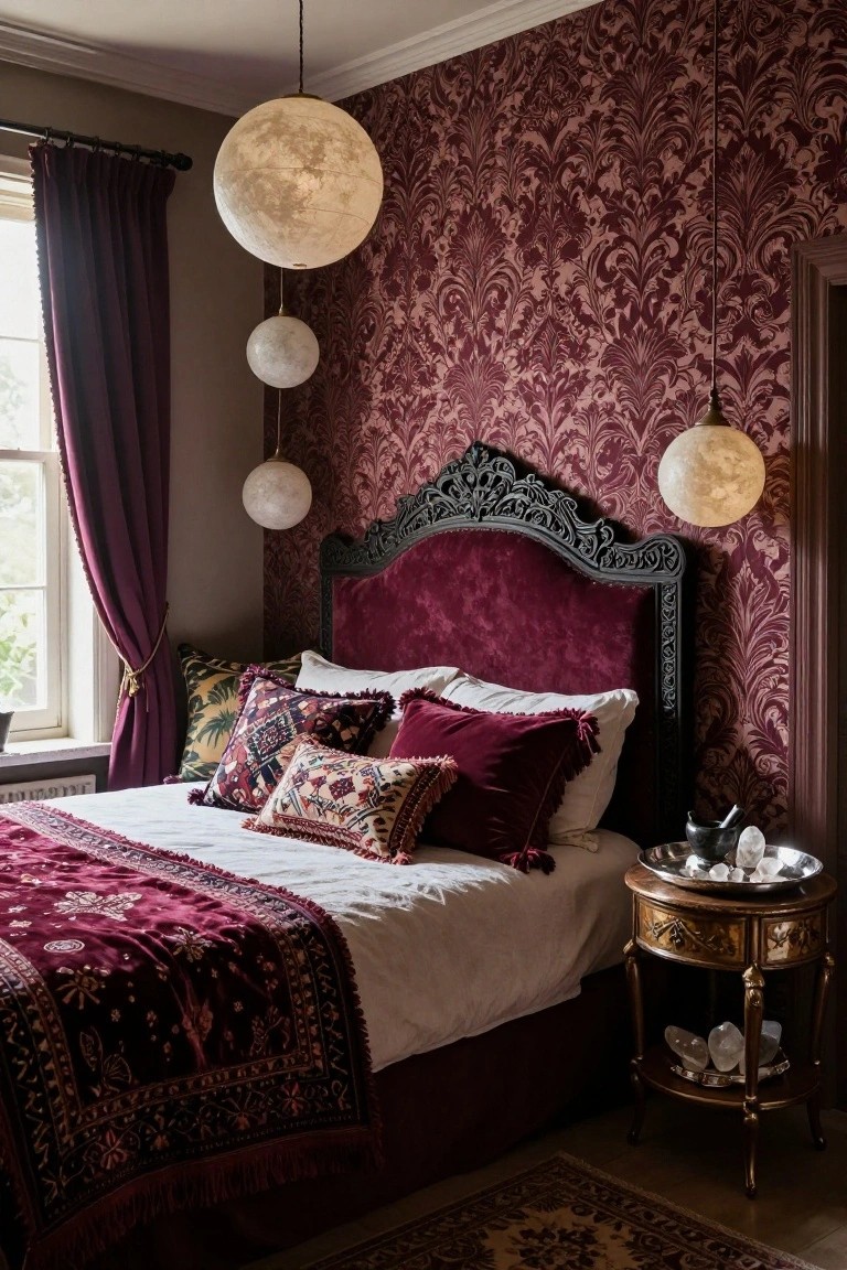 Bedroom interior with deep burgundy ornate floral wallpaper on walls, purple velvet upholstered bed headboard, assorted patterned pillows and red throw on white bed, hanging white globe pendant lights, purple curtains on window, and ornate gold nightstand with crystal bowl and stones.