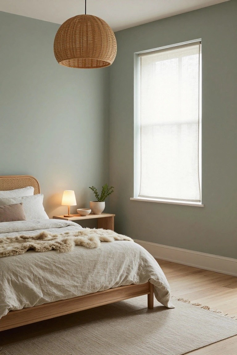 Bedroom corner with sage green walls, wooden bed frame and rattan headboard, white linen bedding with light fur throw, bedside wooden table holding lamp plant and bowl, large window with sheer roller blind, and overhead wicker pendant light on light oak floors with beige rug.