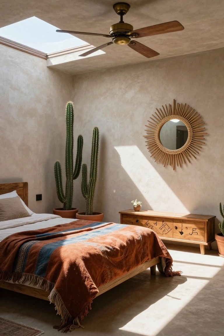 Sunlit bedroom with low wooden bed covered in terracotta and blue woven blanket, two tall potted cacti in orange pots beside it, carved wooden dresser, large woven sunburst mirror on textured wall, ceiling fan, and skylight.