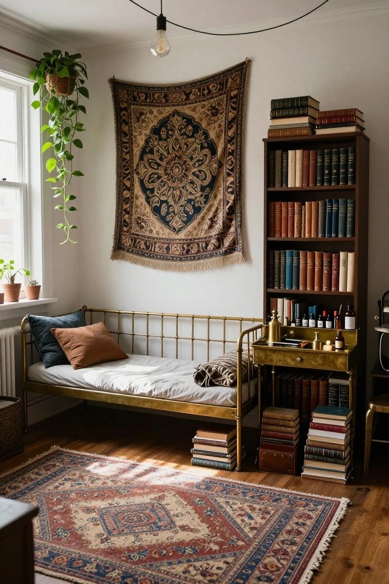 Sunlit bedroom corner with brass daybed, tall wooden bookshelves filled with vintage books and stacked volumes, potted plants, hanging tapestry, apothecary table, and patterned rug on wood floors.