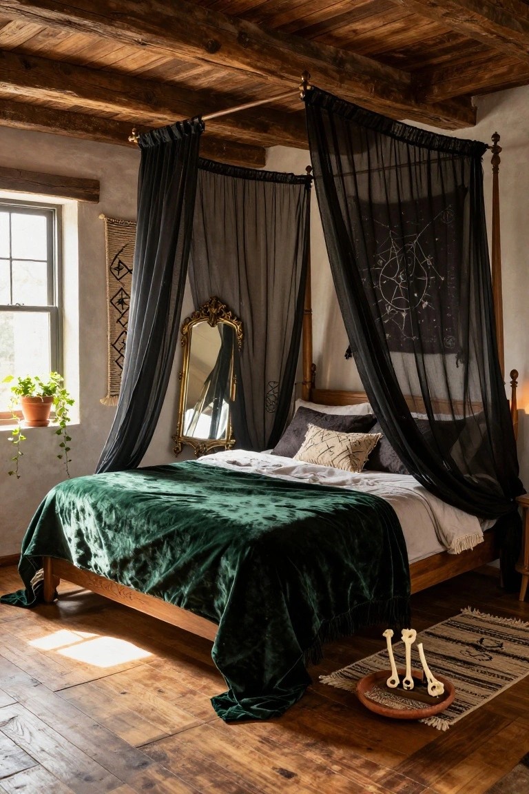 Wooden four-poster bed with black sheer canopy drapes and green velvet bedding in a rustic bedroom with exposed beams, gold mirror, plants by window, bones on rug, and wooden floors.