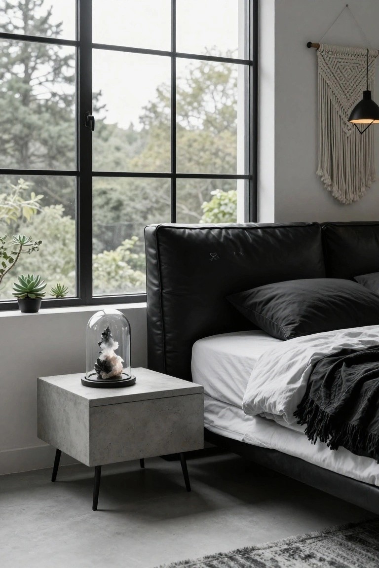 Bedroom corner with black leather bed, concrete nightstand topped by glass dome over dark sculptural tree form, potted succulents on windowsill, large black-framed window showing trees outside, macrame wall hanging, and black pendant lamp.