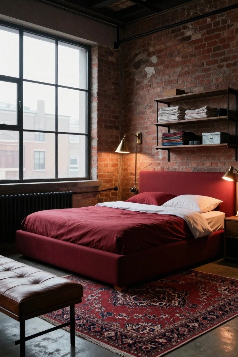 Industrial loft bedroom with exposed brick walls, large metal-framed windows, red upholstered platform bed with red duvet and white sheets, brass wall lamps, wooden shelves stocked with linens and boxes, bedside table, leather bench, and red patterned rug on concrete floor.