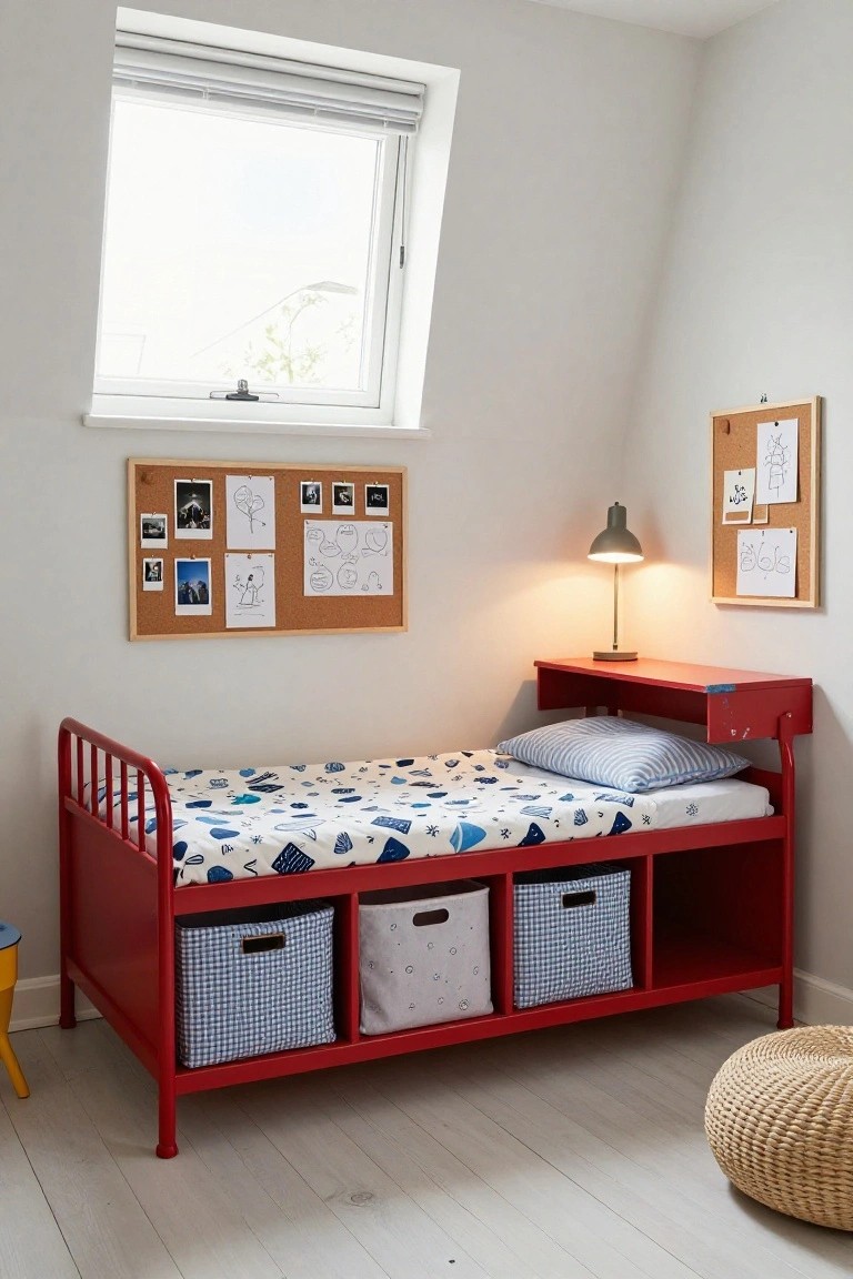 Child's bedroom with red metal bed frame featuring underbed cubbies holding blue and white fabric bins, two corkboards on walls with drawings and photos, desk lamp on nightstand shelf, and woven pouf on floor.