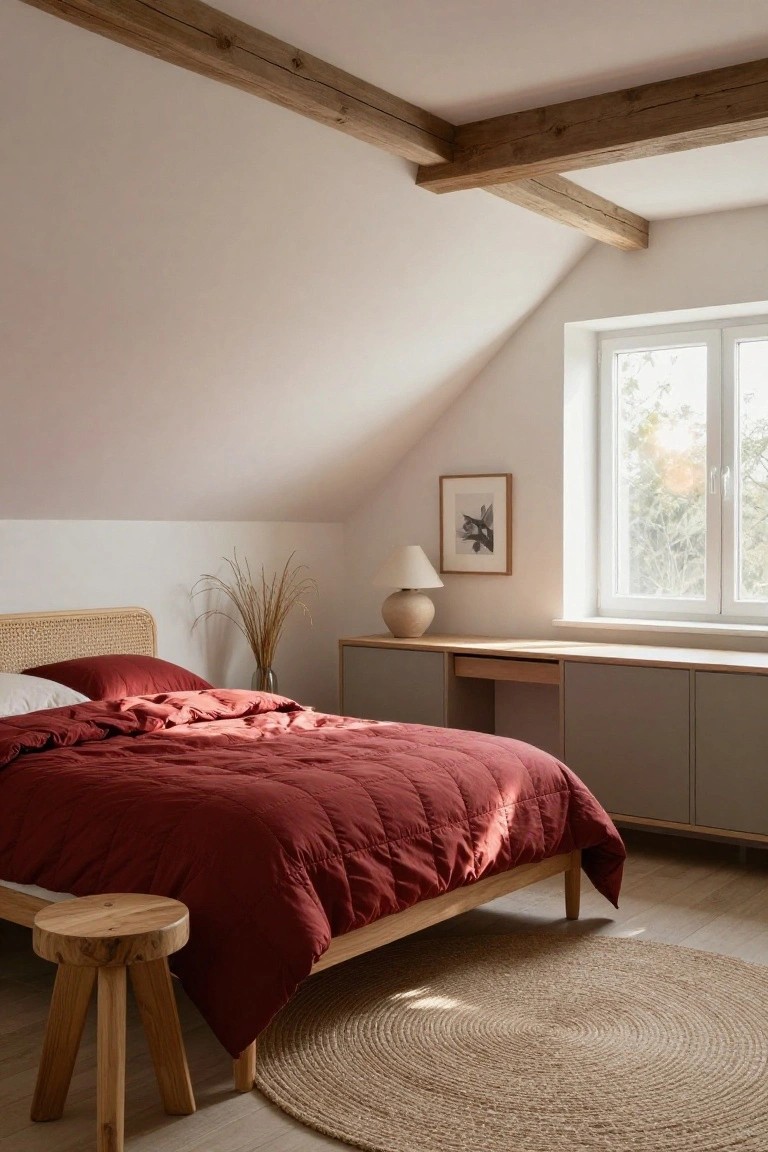 Attic bedroom featuring a low wooden bed with cherry red quilted duvet and pillows, rattan headboard, built-in gray desk unit, potted plant, and window overlooking trees.