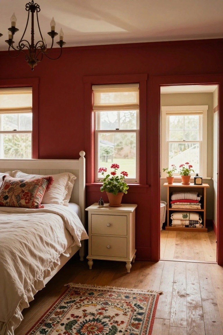 Bedroom with cherry red walls, white wooden bed frame and dresser, patterned pillows and white linens on bed, potted red geraniums on windowsills and nightstand, open doorway to adjacent room, wooden floors, and woven rug.