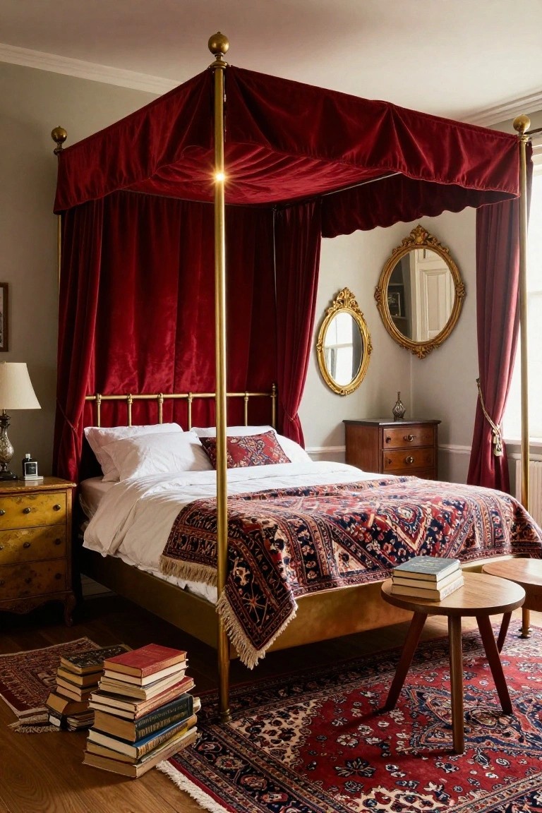 Bedroom with brass four-poster bed draped in cherry red velvet canopy, white sheets and patterned rug on bed, antique wooden furniture, gilded mirrors on walls, lamp on yellow dresser, and stacks of books on wood floor.