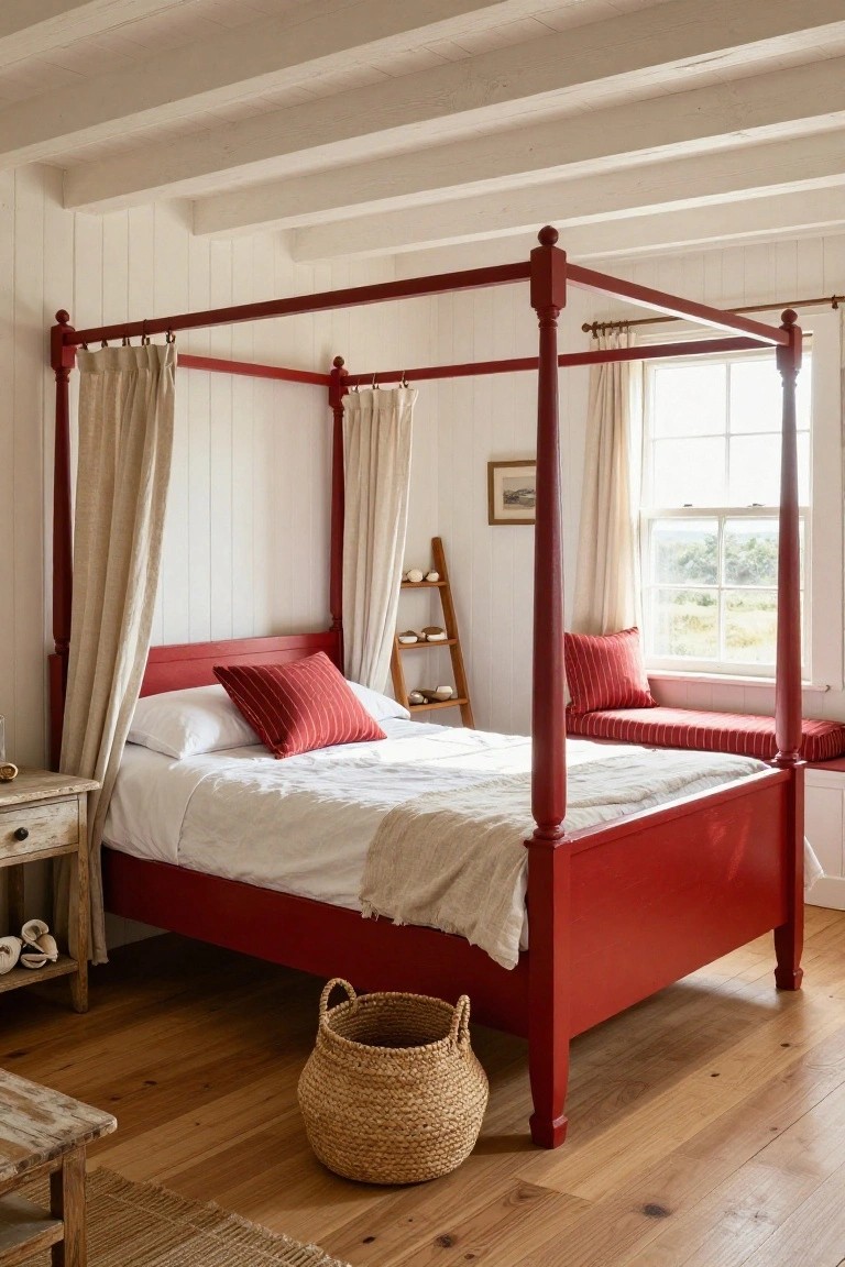 Bedroom interior with red wooden four-poster canopy bed draped in beige curtains, white paneled walls, white bedding with red pillows, window seat, ladder shelf, hardwood floors, and seagrass basket.