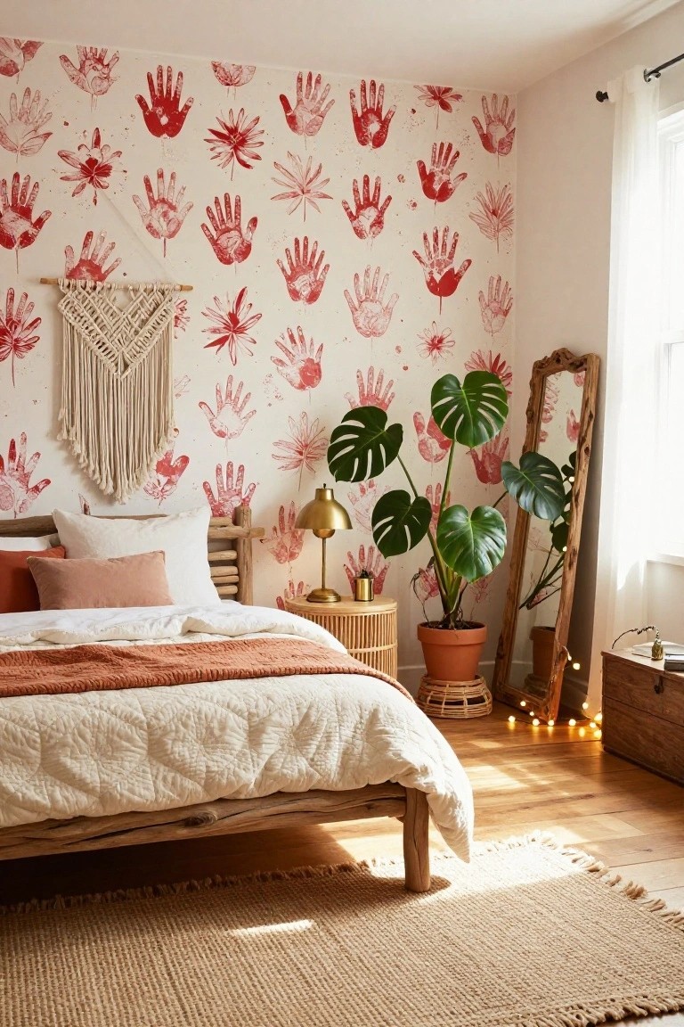 Bedroom with white walls covered in a repeating pattern of red handprints and pink flowers, wooden bed with white quilt and orange throw, monstera plants in terracotta pots, brass lamp, and rattan side table.
