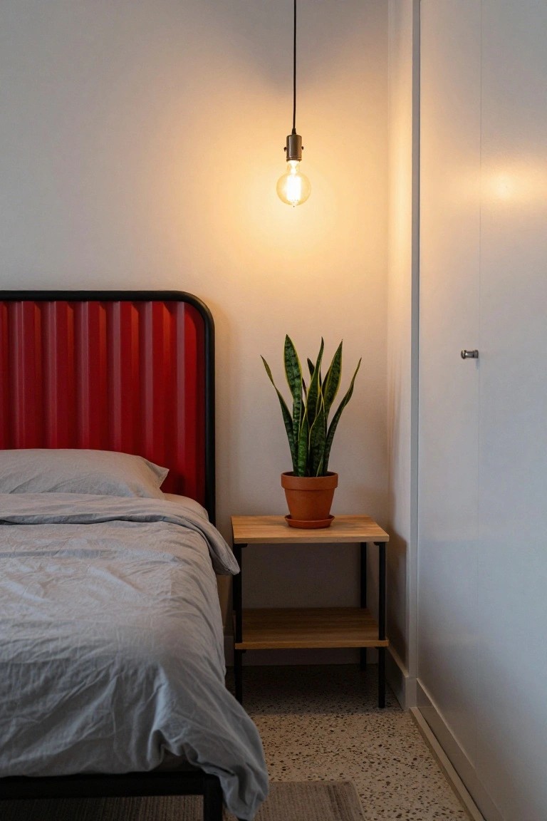 Bedroom corner with red corrugated metal headboard on bed with gray sheets, snake plant in terracotta pot on wooden side table next to white wardrobe door, hanging bulb light above.