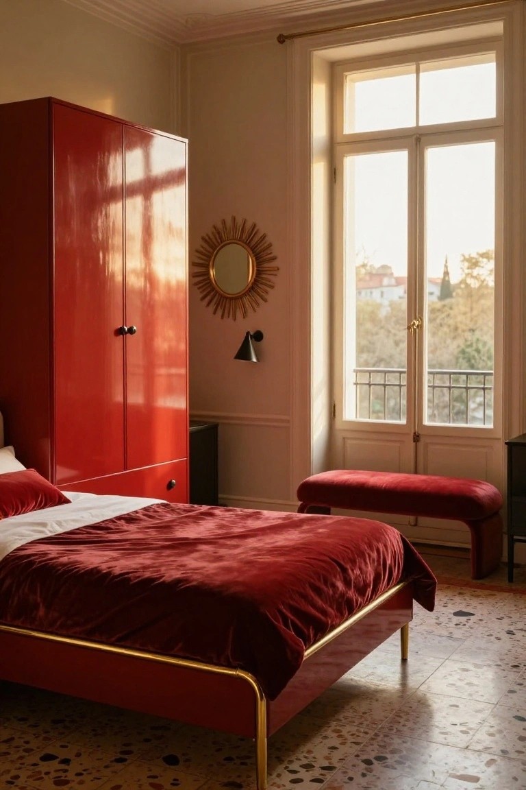 Bedroom interior with glossy cherry red lacquered wardrobe and bed frame on gold legs, red velvet bedding, gold sunburst mirror, red ottoman, black side tables, and tall window with view of buildings and trees.