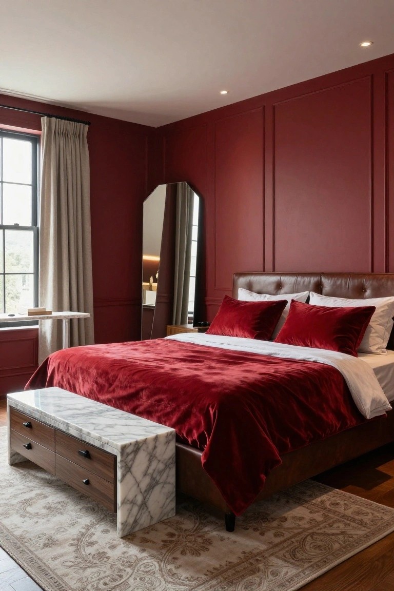 Bedroom interior with deep cherry red paneled walls, brown leather tufted bed dressed in red velvet duvet and pillows over white sheets, marble and wood bench at bed foot, full-length mirror, side table, and window with beige drapes.