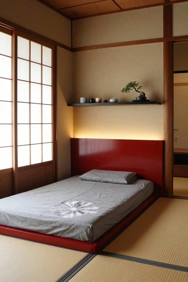 A low platform bed with cherry red frame and headboard on tatami mats in a Japanese-style bedroom featuring shoji windows, a bonsai shelf with ceramics, and neutral walls.
