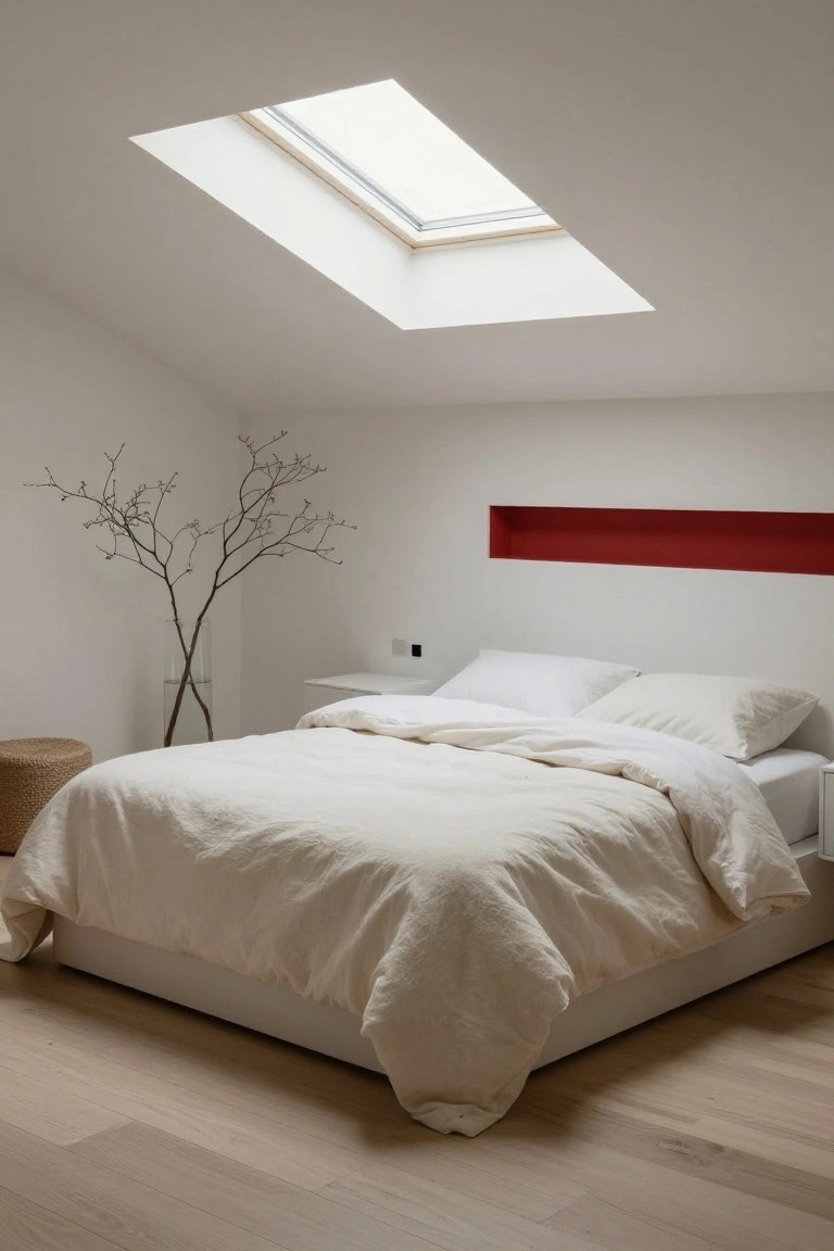 Minimalist bedroom interior with low white bed dressed in beige linens, cherry red recessed wall niche above headboard, skylight in white sloped ceiling, tall glass vase with branches, rattan stool, and light wood floors.