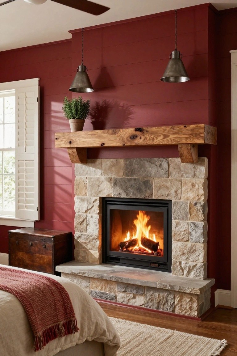 Bedroom interior with cherry red shiplap wall behind a lit stone fireplace featuring a reclaimed wood mantel, flanked by pendant lights, with a bed, chest, and ceiling fan nearby.