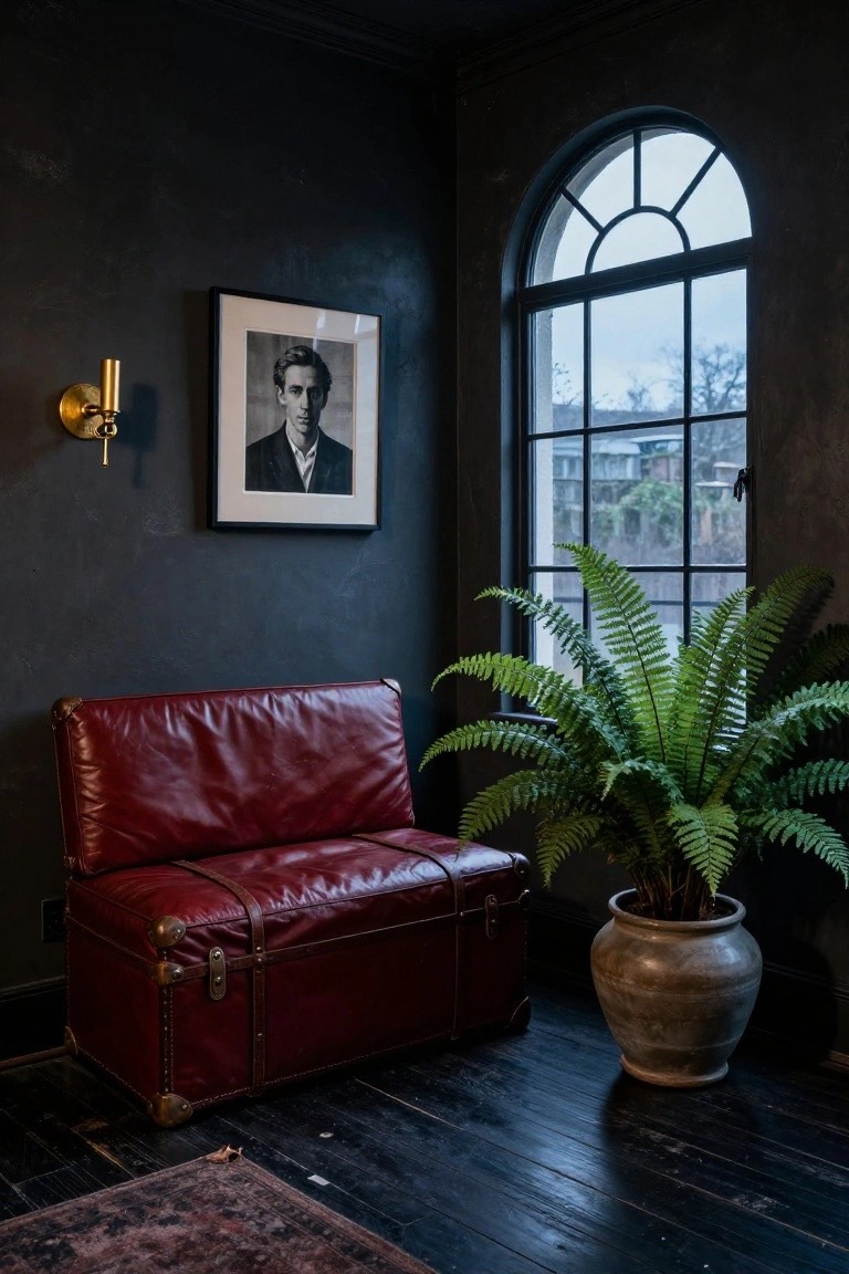 Dark room corner featuring a cherry red leather trunk-style chair, large potted fern, black-and-white portrait in frame lit by wall sconce, arched window with view outside, and dark wood floor with rug.